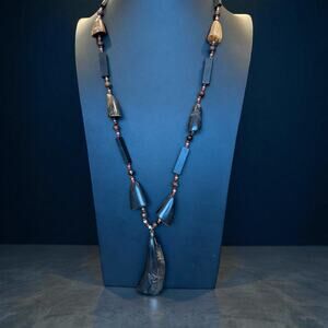 Vintage Antique Wooded Horn Bead Necklace Art Boho Retro 30” Length Spring Ring